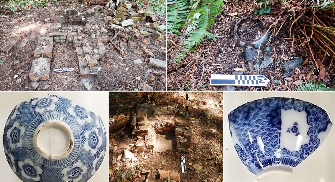 Items from a dig site, bricks unearthed from the ground, and asian pottery shards.