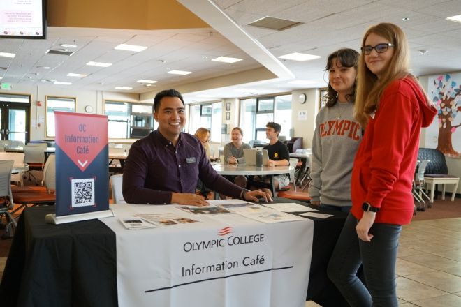 Two students with staff at Info Cafe table. 