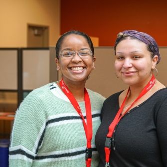 Two student employees at the Welcome Center
