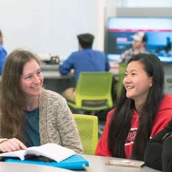 Student with teacher in classroom. 