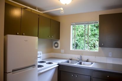 A kitchen in one of the residence hall apartments