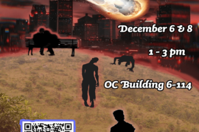 Zombie apocalypse background and short film audition details: December 6 & 8, 1 - 3 pm, OC Bldg. 6, Rm. 114. QR code to contact standard871@gmail.com