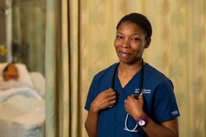 Nursing Student in Blue Scrubs