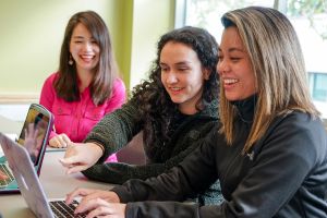 Three students at laptop in class. 