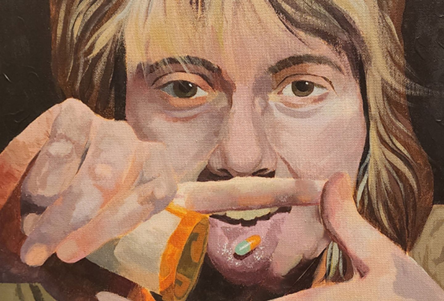 Painting of face with pill bottle in hand.