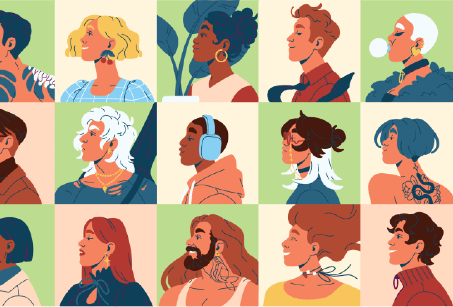 Illustration of various people in Brady-Bunch-style squares