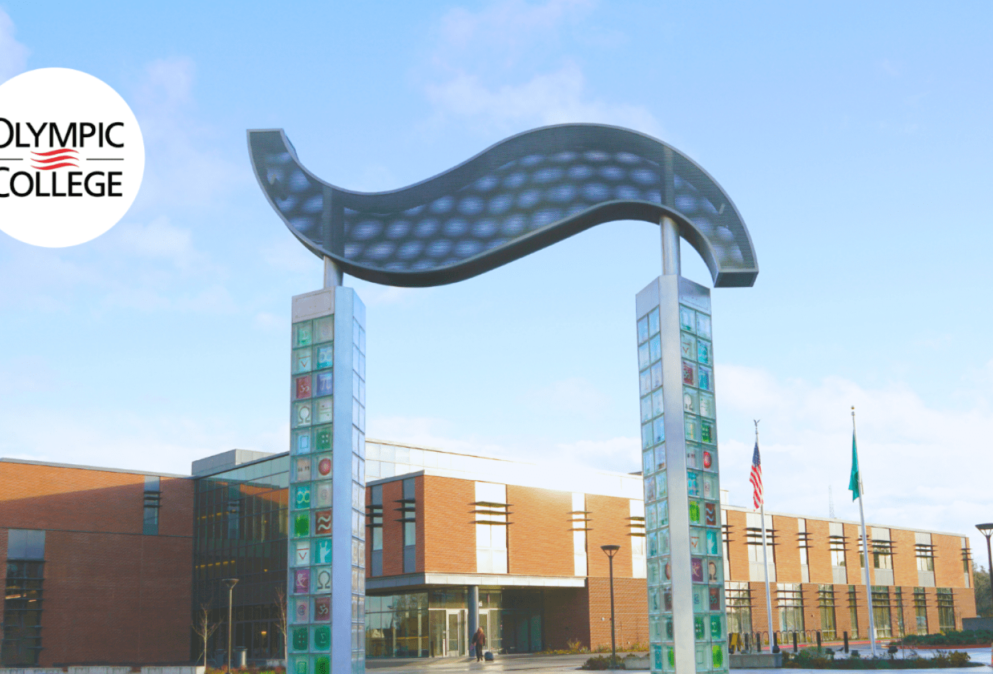Image of Pi Square sculpture with the Olympic College Logo