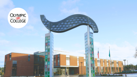 Image of Pi Square sculpture with the Olympic College Logo