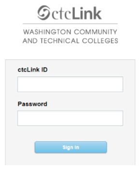 ctcLink Washington Community and Technical Colleges login screenshot, with fields for ctcLink ID and password